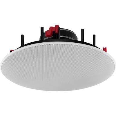 Haut-parleur de plafond rond en blanc avec un bord noir et des éléments de fixation rouges. Conçu pour une diffusion sonore discrète en intérieur.