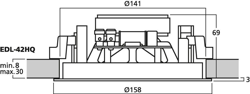 Dessin technique d'un ventilateur, diamètre 141 mm et 158 mm, hauteur 69 mm, avec une tolérance de fixation de 8 à 30 mm.