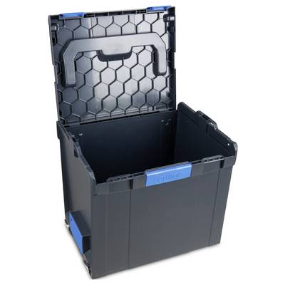 Caisse en plastique noir ouverte avec des poignées bleues et un motif hexagonal sur le couvercle.