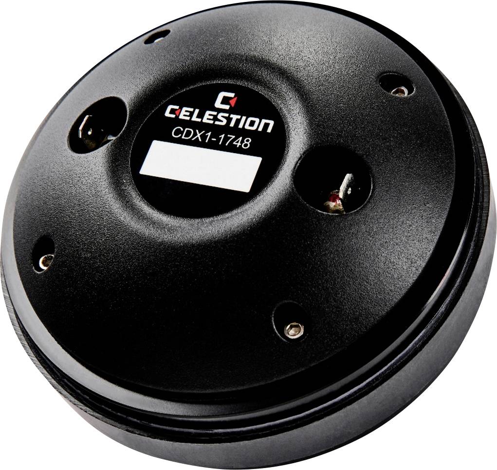Pilote de haut-parleur noir 'Celestion CDX1-1748' en métal et plastique, avec quatre trous de vis et un marquage central.