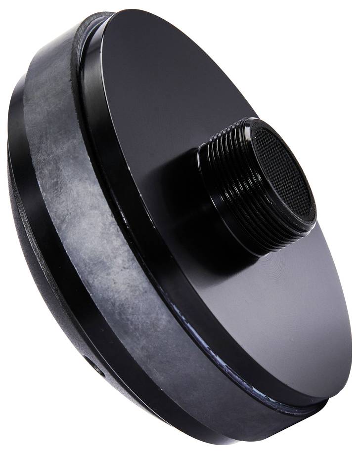 Un objet noir cylindrique avec un filetage central de raccordement, probablement un dispositif technique ou un accessoire.