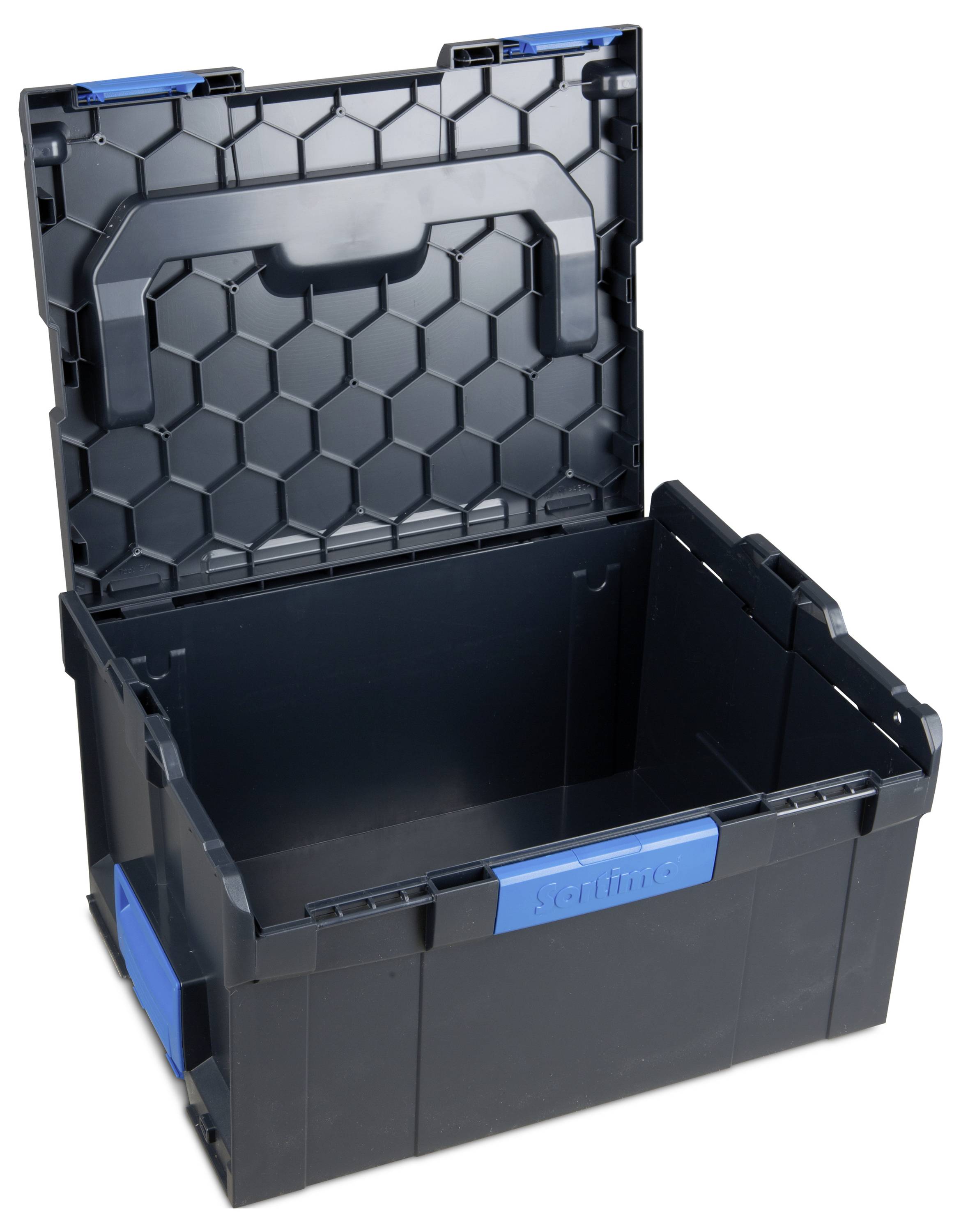 Boîte en plastique noir ouvert avec des éléments bleus et un motif hexagonal sur le couvercle. Idéale pour le rangement ou le transport.