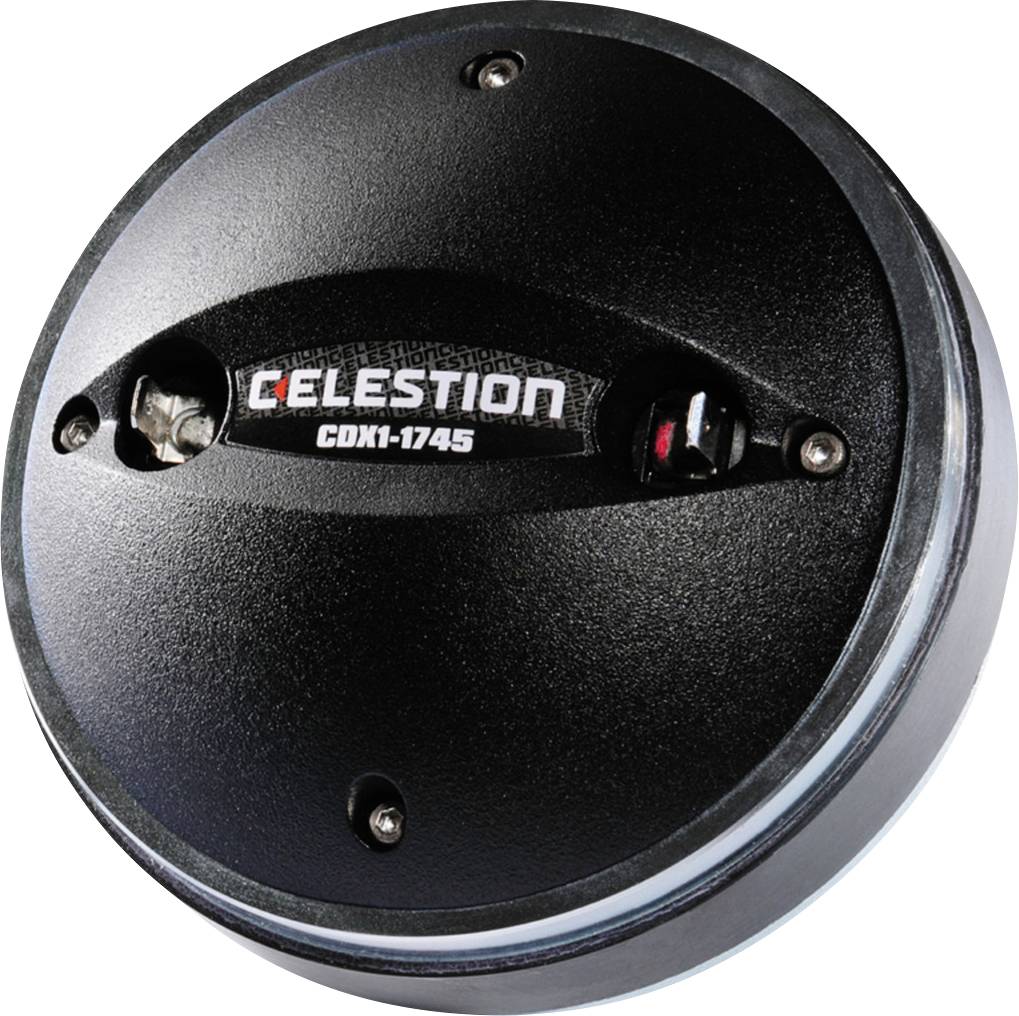 Un composant audio rond et noir avec l'inscription blanche 'Celestion CDX1-1745' au centre. Des vis visibles sur les bords.