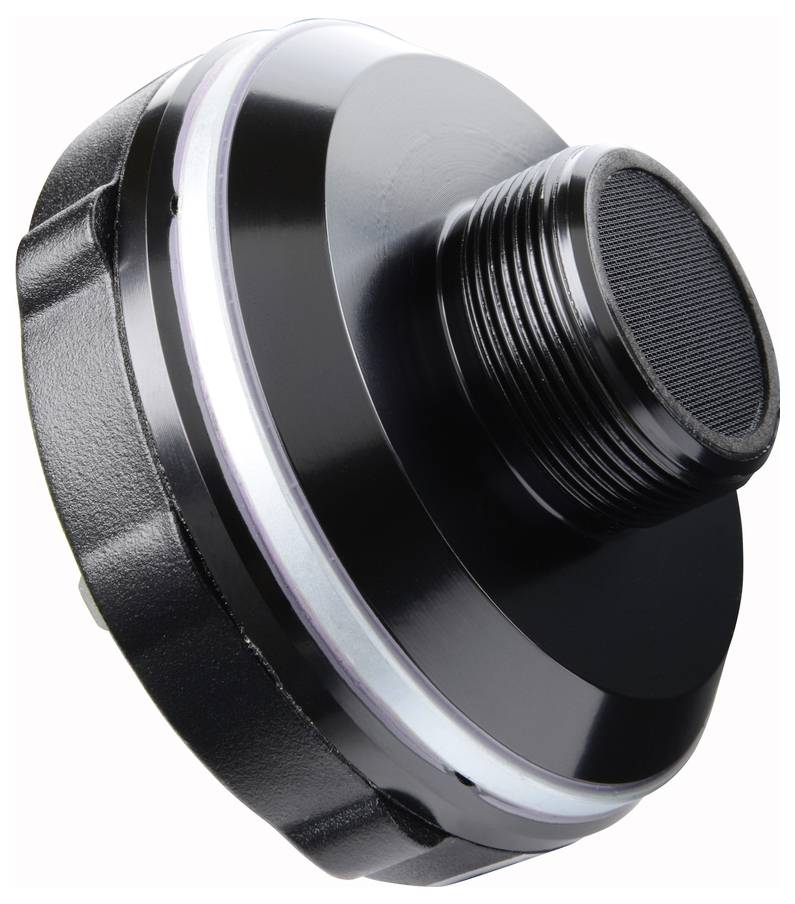 Cache noir, rond, en métal, fileté, avec un insert plat en maille, probablement un composant d'un dispositif technique ou d'un filtre.
