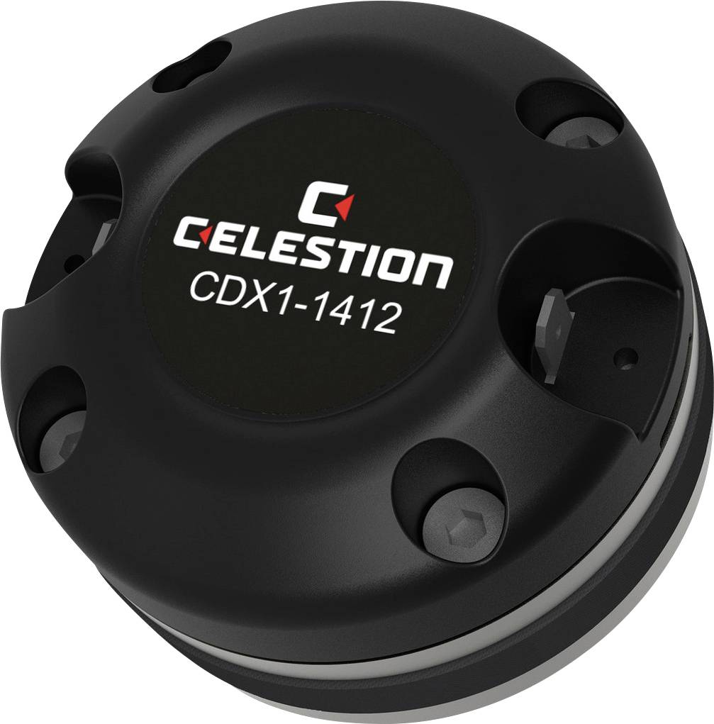 Haut-parleur aigu noir avec l'inscription 'Celestion CDX1-1412' sur la face avant, de forme circulaire et pourvu de quatre filetages pour vis.