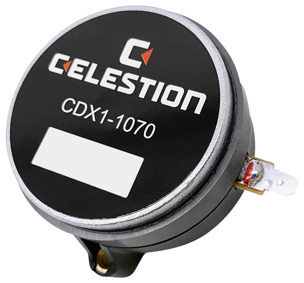 'Pilote de haut-parleur Celestion CDX1-1070, noir et gris avec logo de marque, numéro de modèle et détails de connexion visibles.'