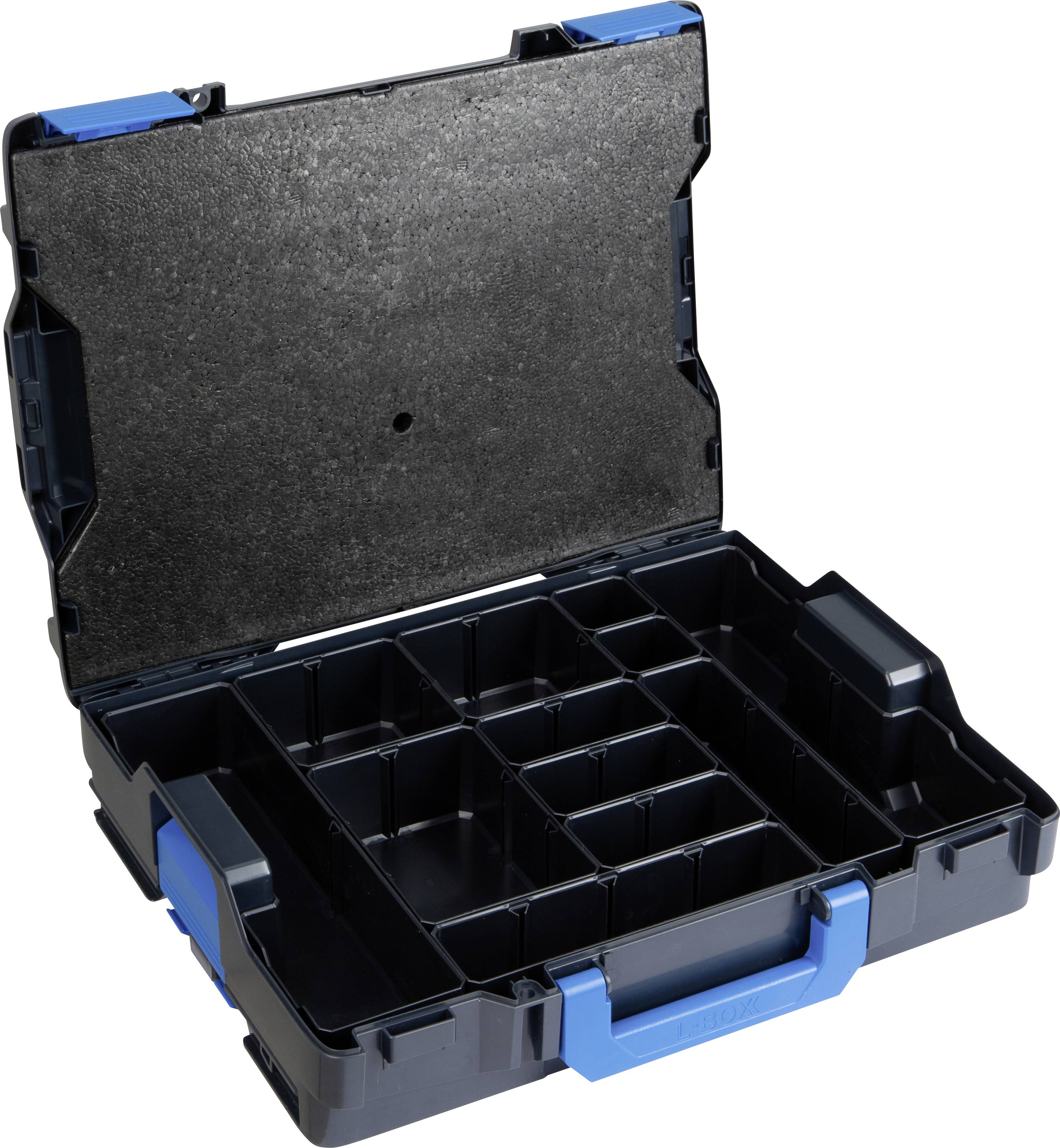 Boîte à outils noire, ouverte, avec compartiments verrouillables et poignée bleue. Adaptée au rangement et à l'organisation des outils.