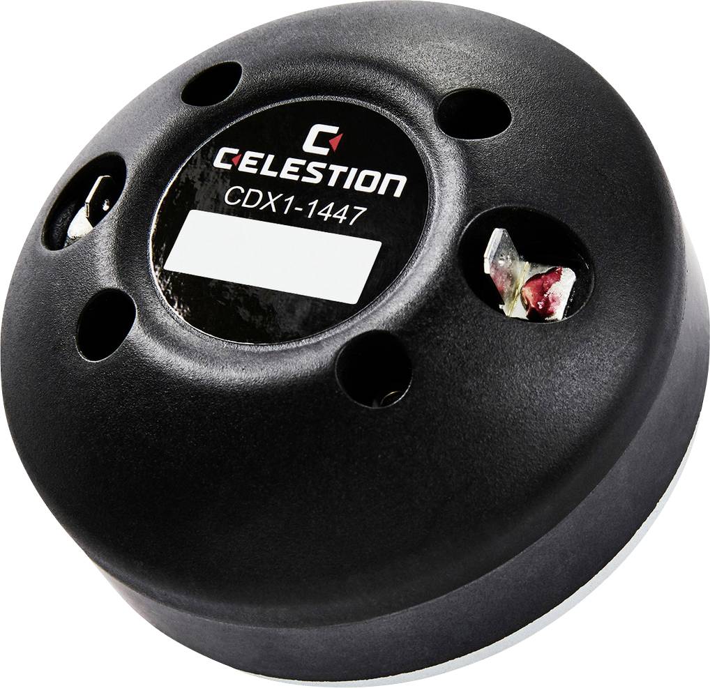 Pilote de haut-parleur 'Celestion CDX1-1447' dans un boîtier noir à quatre trous, adapté aux appareils audio professionnels.