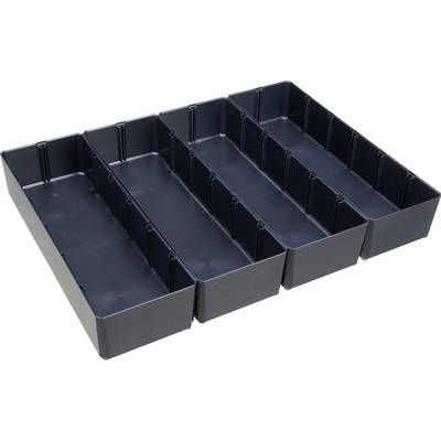 Boîtes de rangement en plastique noir, rectangulaires, disposées en configuration 2x4 pour organiser ou stocker de petits objets.