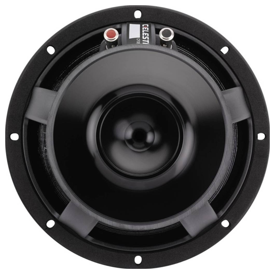 Haut-parleur noir avec dôme central et connexions argentées, vue arrière montrant la marque "Celestion".