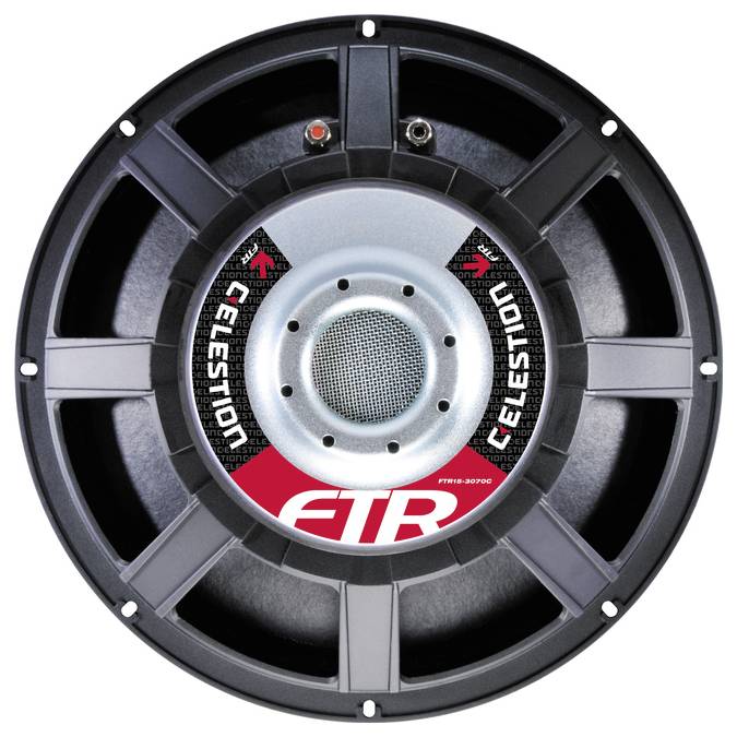 Un haut-parleur dans un boîtier rond noir portant l'inscription 'Celestion' en blanc et rouge.