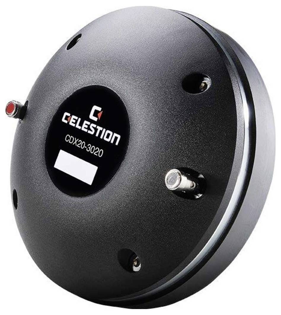 Un élément de haut-parleur circulaire de Celestion portant le numéro de modèle CDX20-3020, reconnaissable à ses deux broches de connexion.
