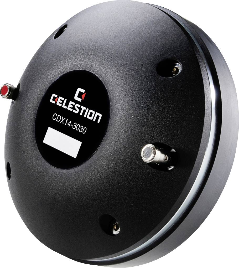 Pilote de haut-parleur noir portant l'inscription 'CELESTION CDX14-3030'. Forme cylindrique, deux connexions métalliques visibles.