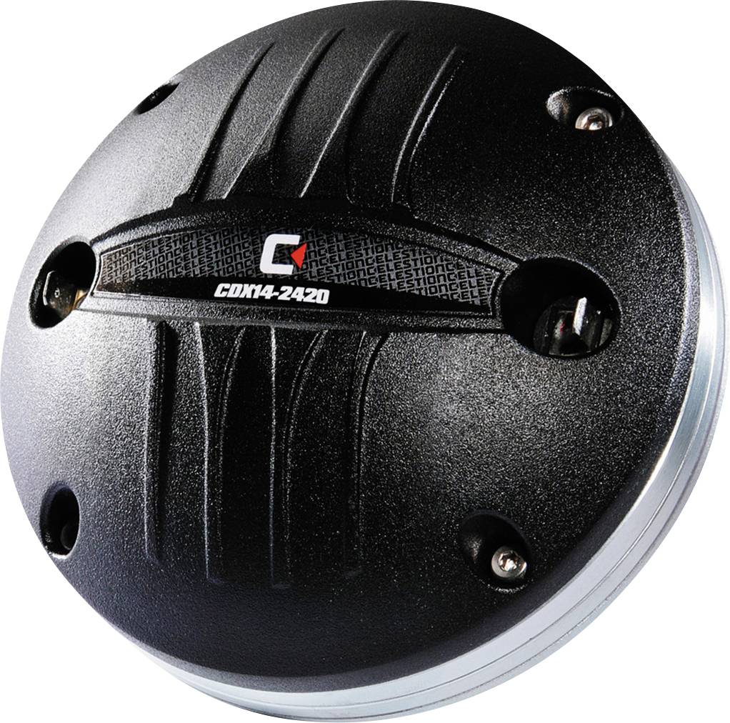 Pilote de haut-parleur noir et rond portant l'inscription 'CDX14-2420'. Contient plusieurs vis de fixation.