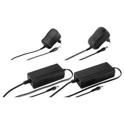 Plusieurs alimentations électriques noires avec fiches et câbles, de formes et tailles différentes, disposées sur un fond blanc.