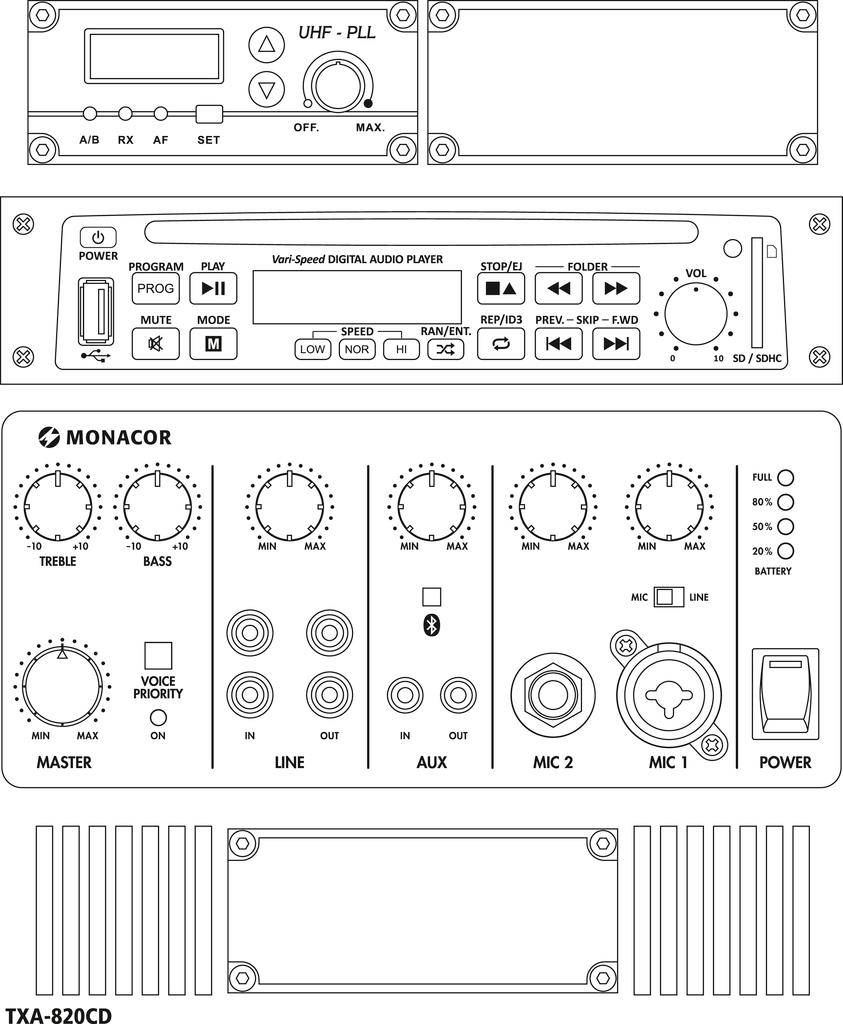 Face avant d'un lecteur audio Monacor TXA-820CD avec ses éléments de commande : réglage du volume, égaliseur, interfaces microphone et écran.