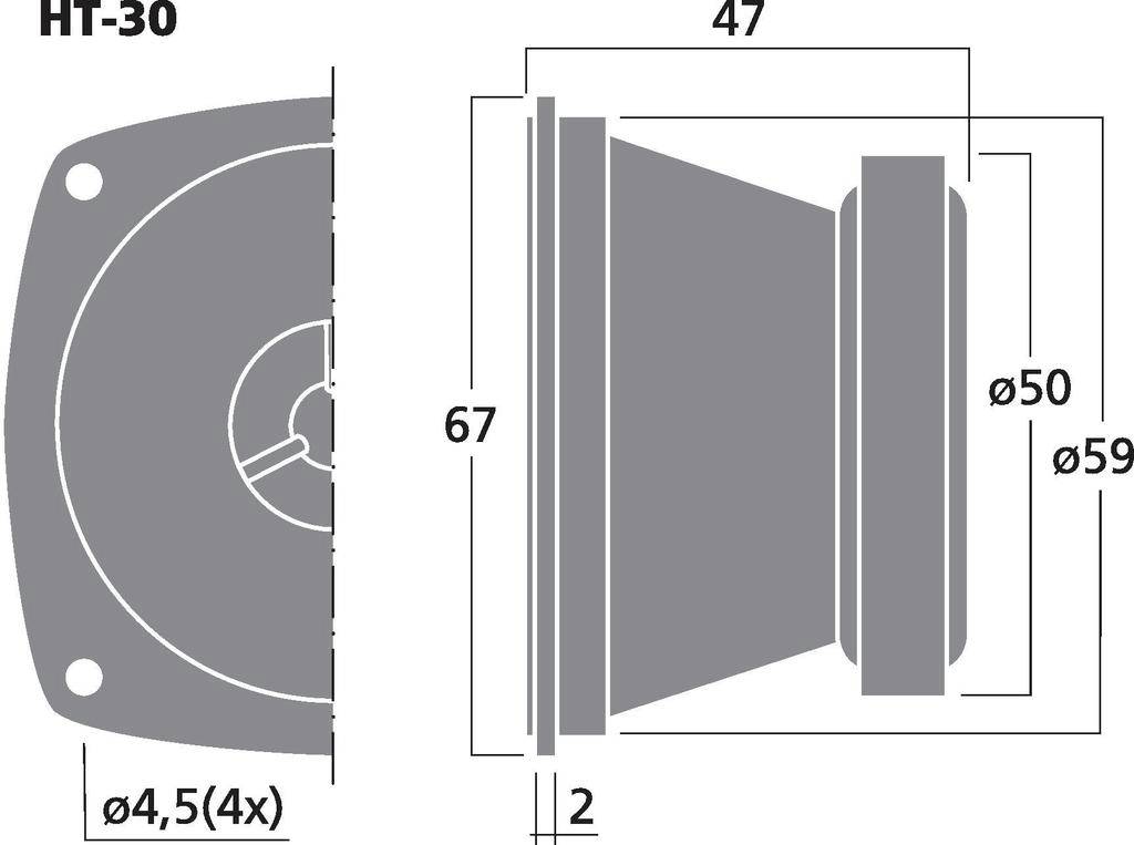 Diagramme de la vue de face et de profil d'un haut-parleur, modèle 'HT-30'. Dimensions : 67 mm de hauteur, 47 mm de profondeur, 59 mm de diamètre.