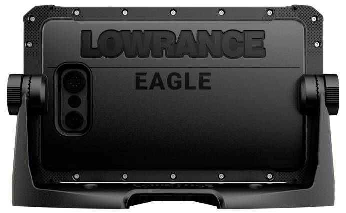 L'image montre l'arrière d'un appareil électronique noir portant l'inscription 'Lowrance Eagle'.