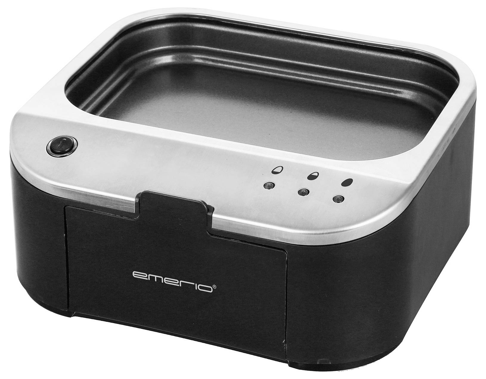 Appareil électrique au boîtier noir et à surface en acier inoxydable, probablement une plaque de cuisson chauffante ou un accessoire de cuisine.