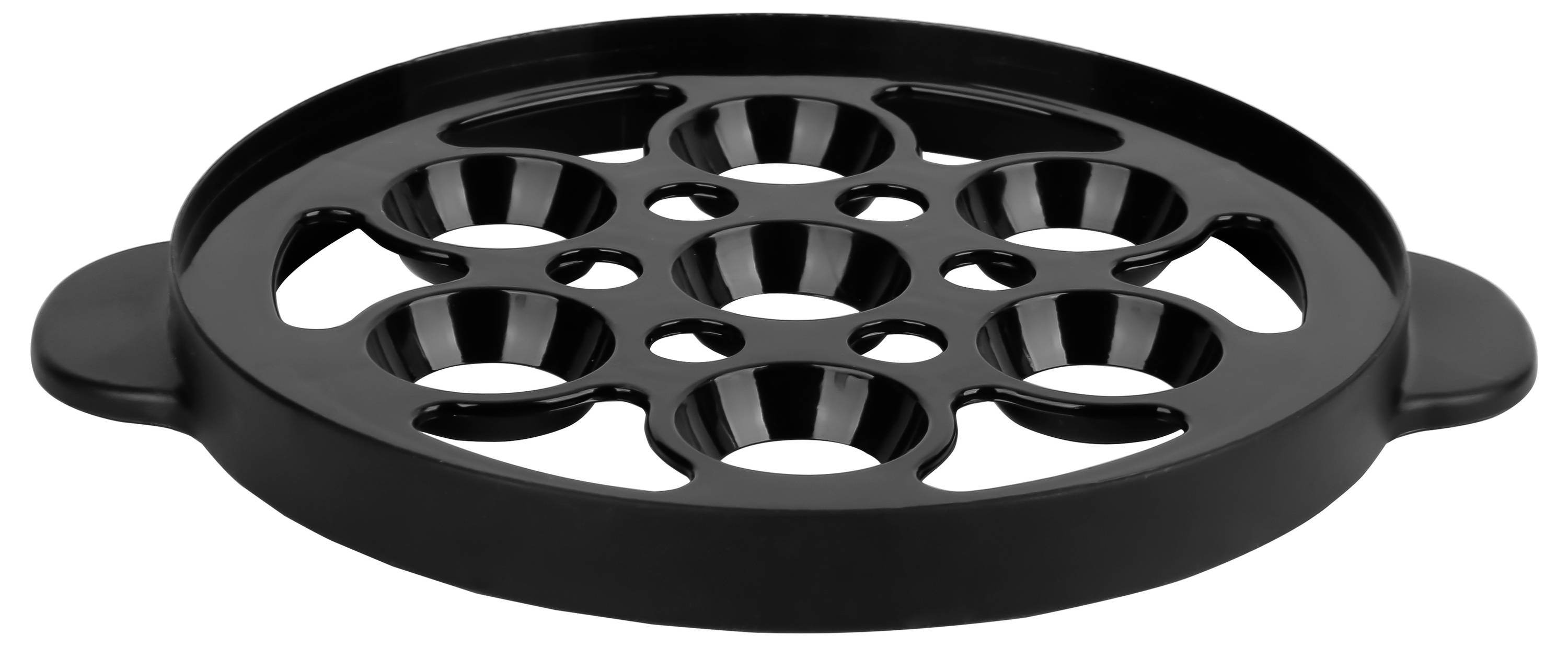Un couvercle noir en plastique avec neuf ouvertures rondes, conçu pour être utilisé sur une cocotte minute ou un ustensile de cuisson.