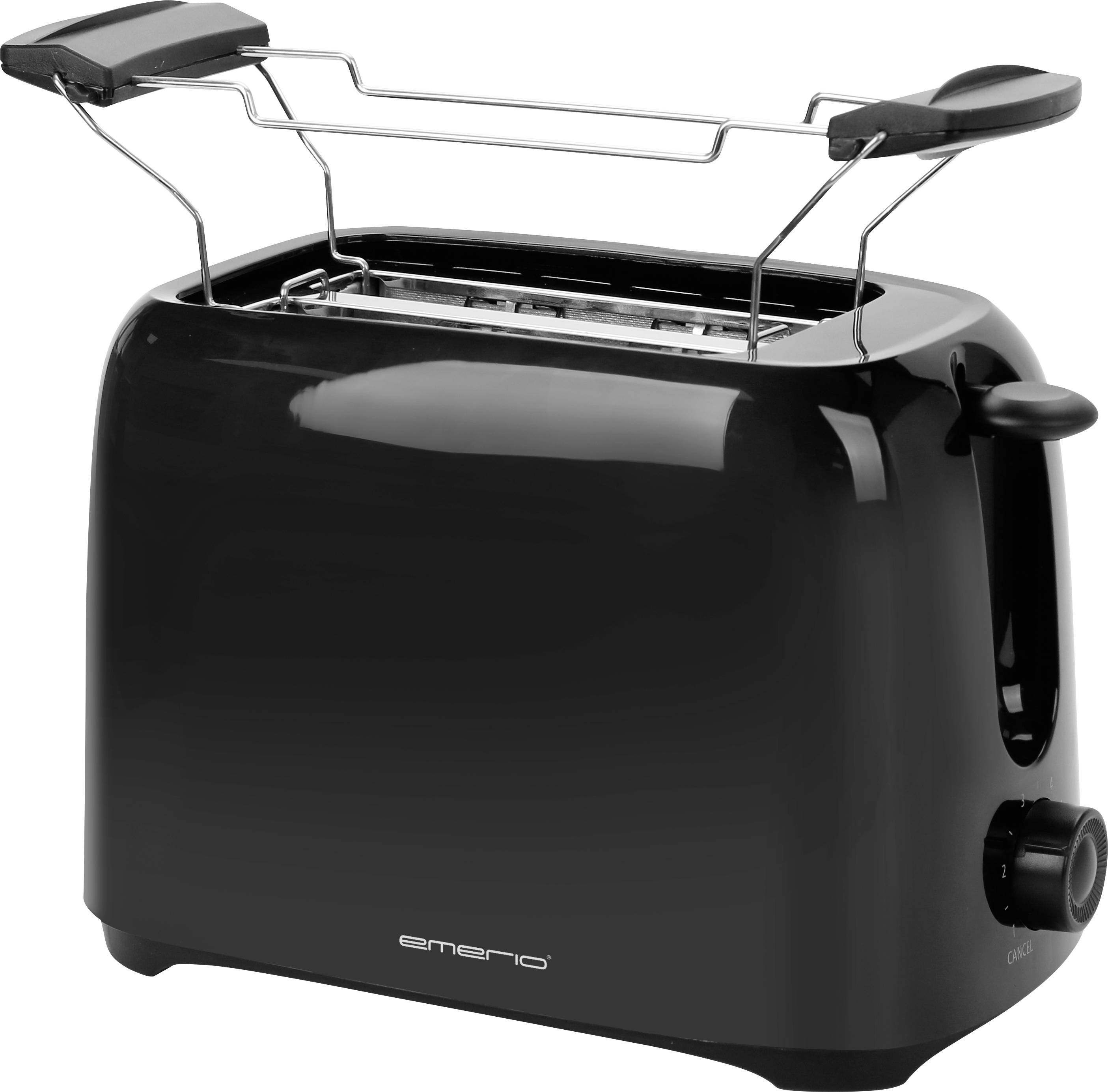 Un grille-pain noir avec deux fentes et un support pour petits pains sur le dessus.