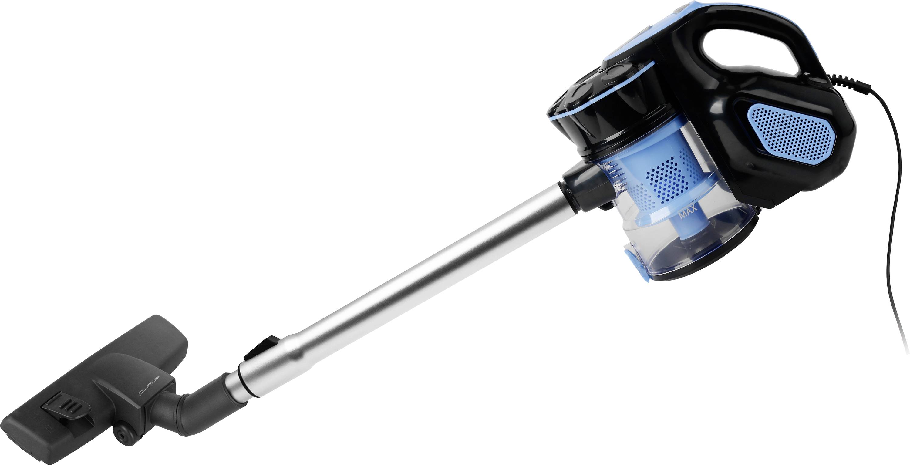 Un aspirateur à main bleu et noir avec une longue tige métallique et une brosse pour sols, conçu pour nettoyer les sols et les endroits difficiles d'accès.