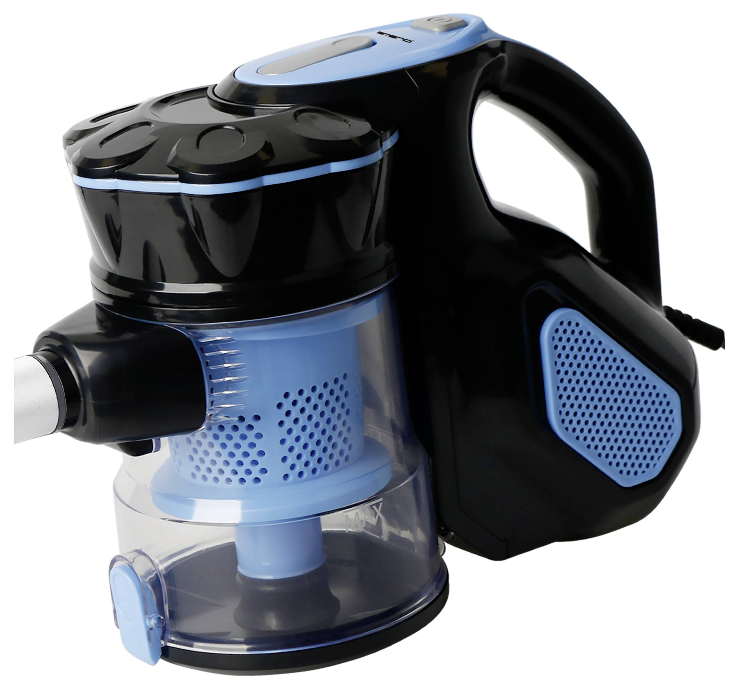 Aspirateur à main sans fil noir et bleu avec réservoir transparent et poignée ergonomique.