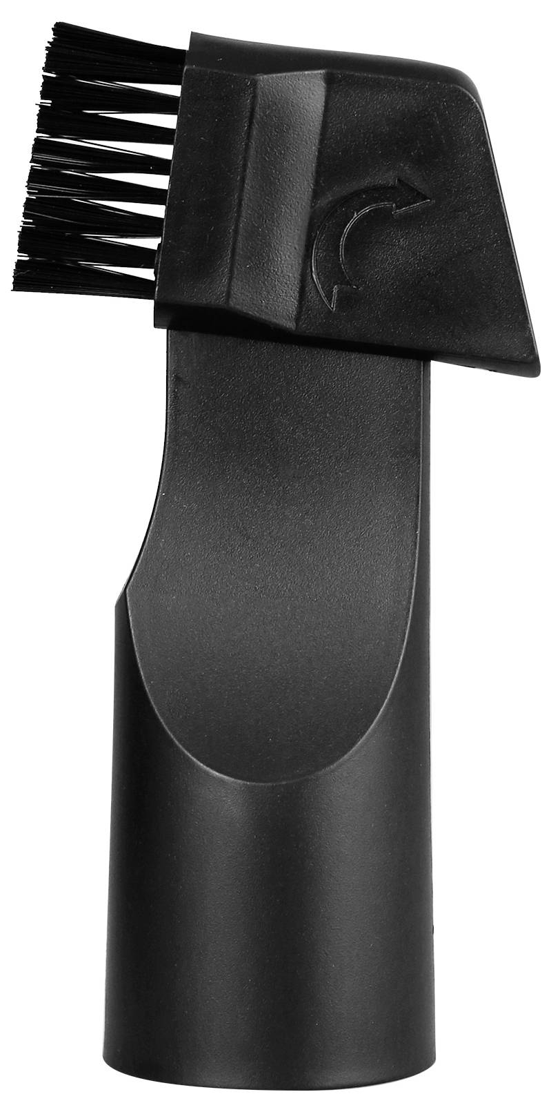 Accessoire d'aspirateur noir et gris avec brosse rotative, adapté au nettoyage des endroits difficiles d'accès.