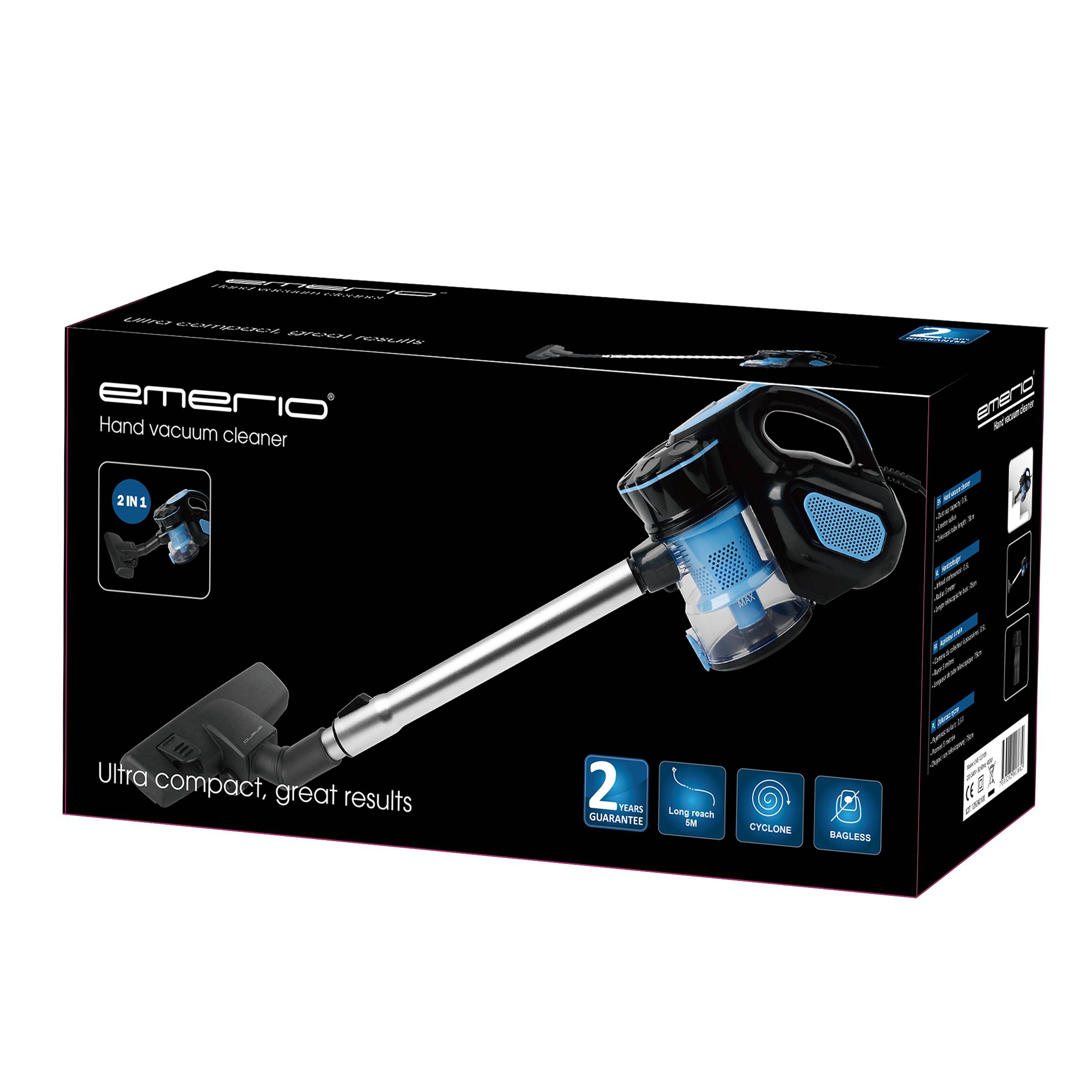 Emballage noir d'un aspirateur à main avec des touches bleues. Texte sur le carton : 'Ultra compact, résultats exceptionnels', 'Garantie de 2 ans', '2 en 1'.