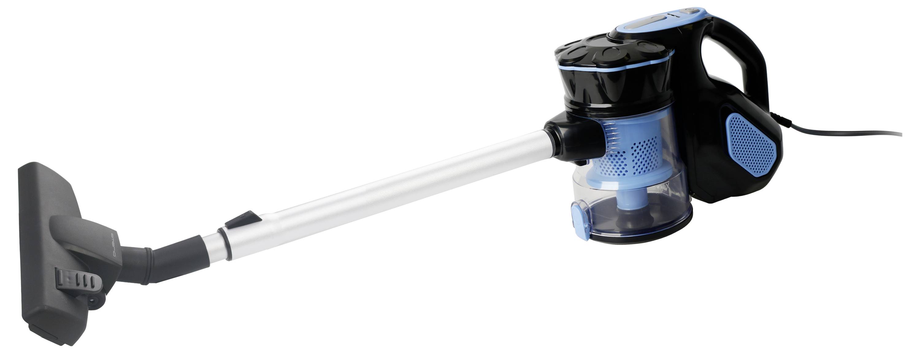 Un aspirateur sans fil noir et bleu avec un réservoir à poussière transparent et une longue buse d'aspiration, sur un fond blanc.