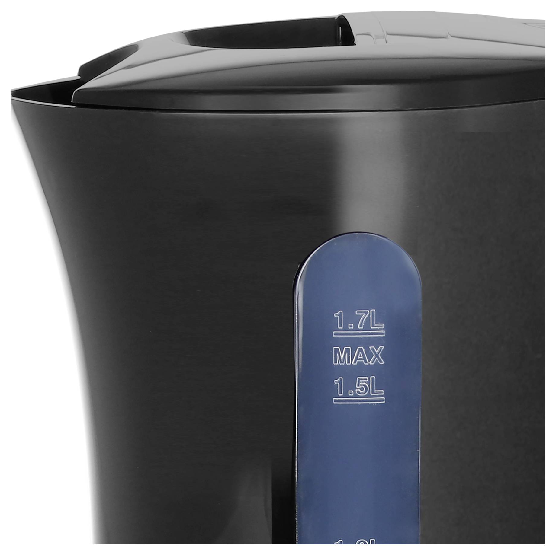 Bouilloire électrique en noir avec indicateur de niveau d'eau indiquant une capacité maximale de 1,7 litres.