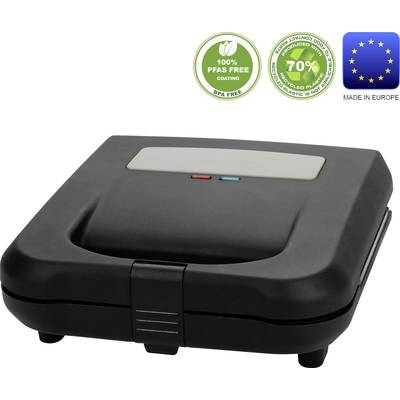 Appareil à sandwich noir avec témoins lumineux. En haut, des icônes vertes et bleues indiquant '100% sans PFAS' et 'Fabriqué en Europe'.