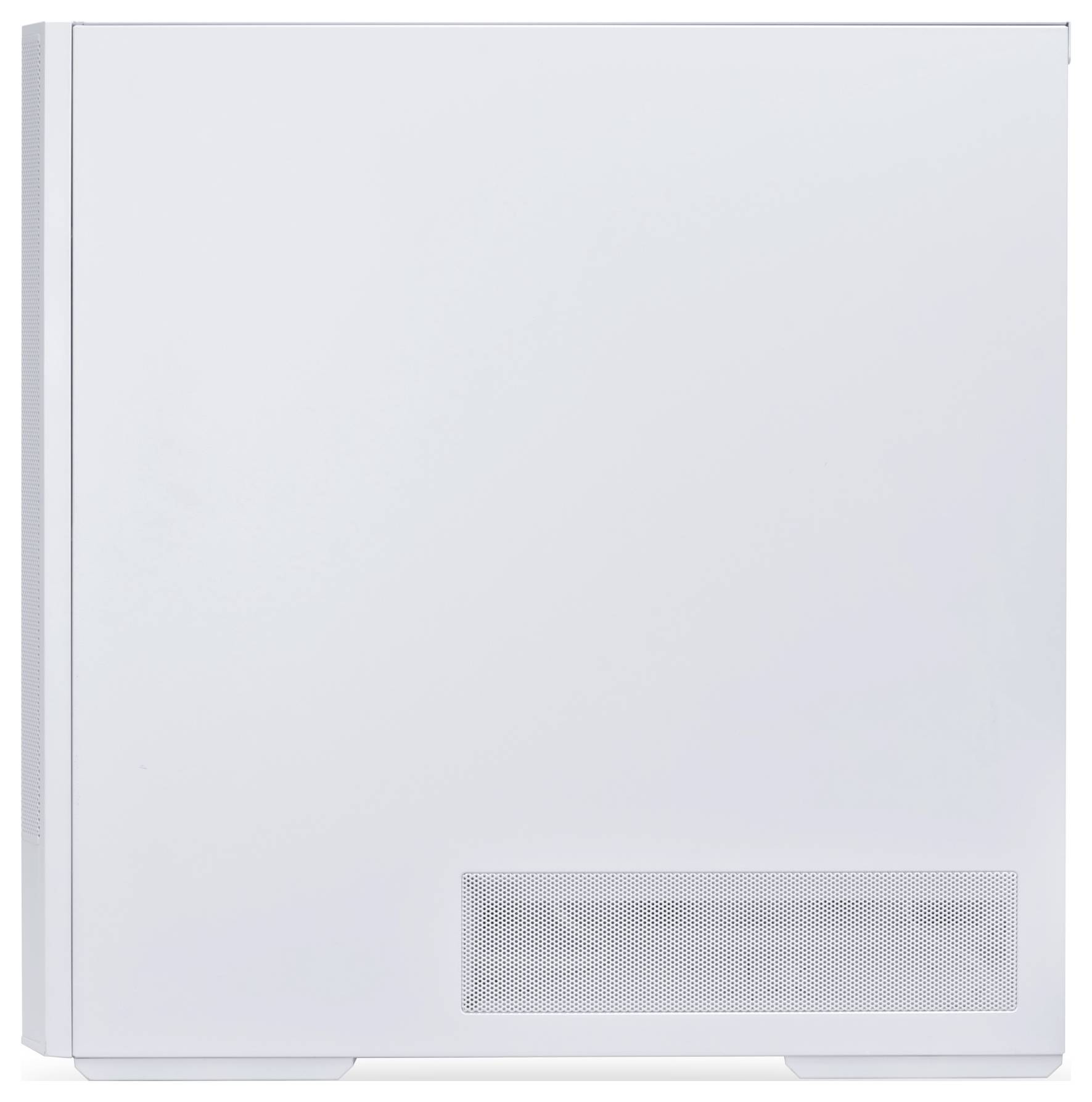 Un boîtier d'ordinateur blanc à surface lisse avec une petite grille de ventilation sur le bord inférieur.