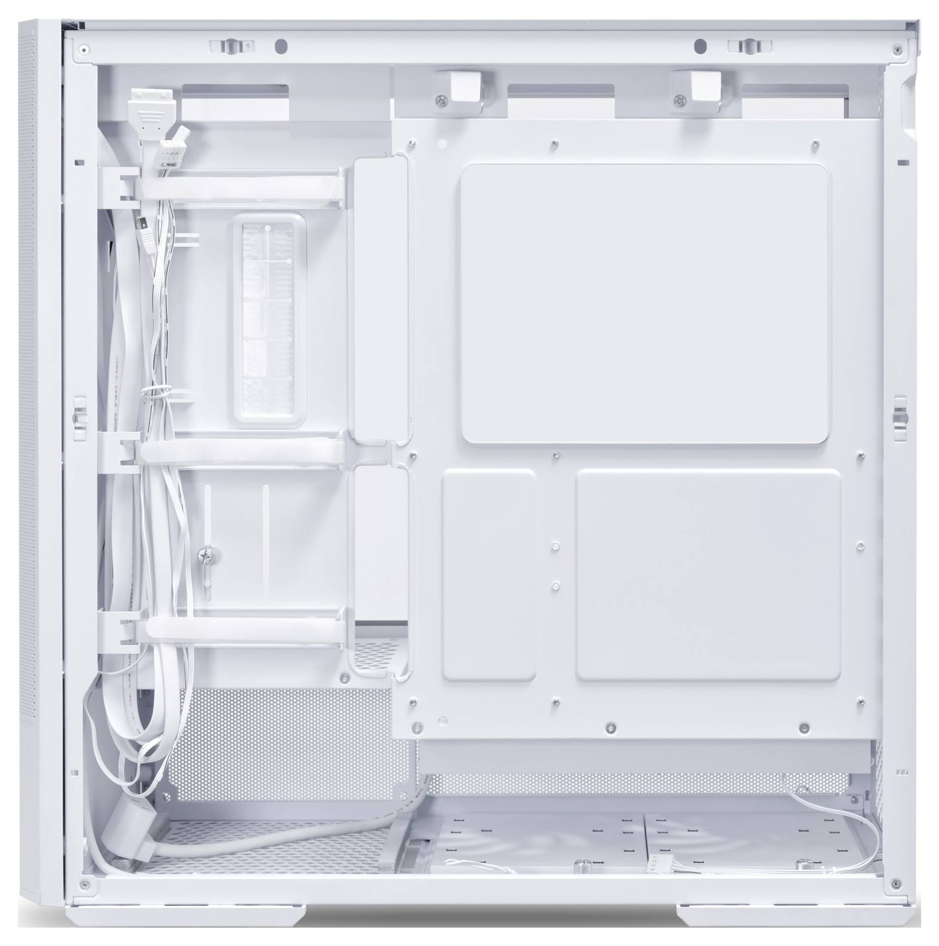 Un boîtier d'ordinateur ouvert, blanc, vu de côté, montre de l'espace pour la gestion des câbles et le montage des composants.
