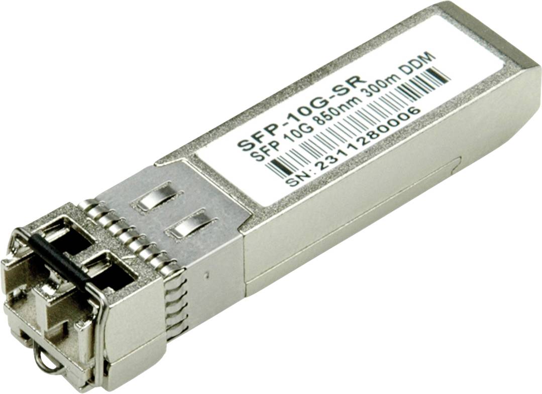 Un module SFP pour réseaux, désigné comme 'SFP-10G-SR', prend en charge 10 Gbps sur 850 nm jusqu'à 300 m. Numéro de série : 231112800006.