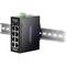 Commutateur Ethernet industriel à huit ports, monté sur rail DIN, boîtier noir avec borne de raccordement d'alimentation verte en haut.