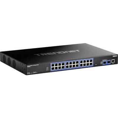 Un commutateur Ethernet Gigabit de 24 ports de TRENDnet. L'appareil est noir avec un avant bleu, adapté aux connexions réseau.