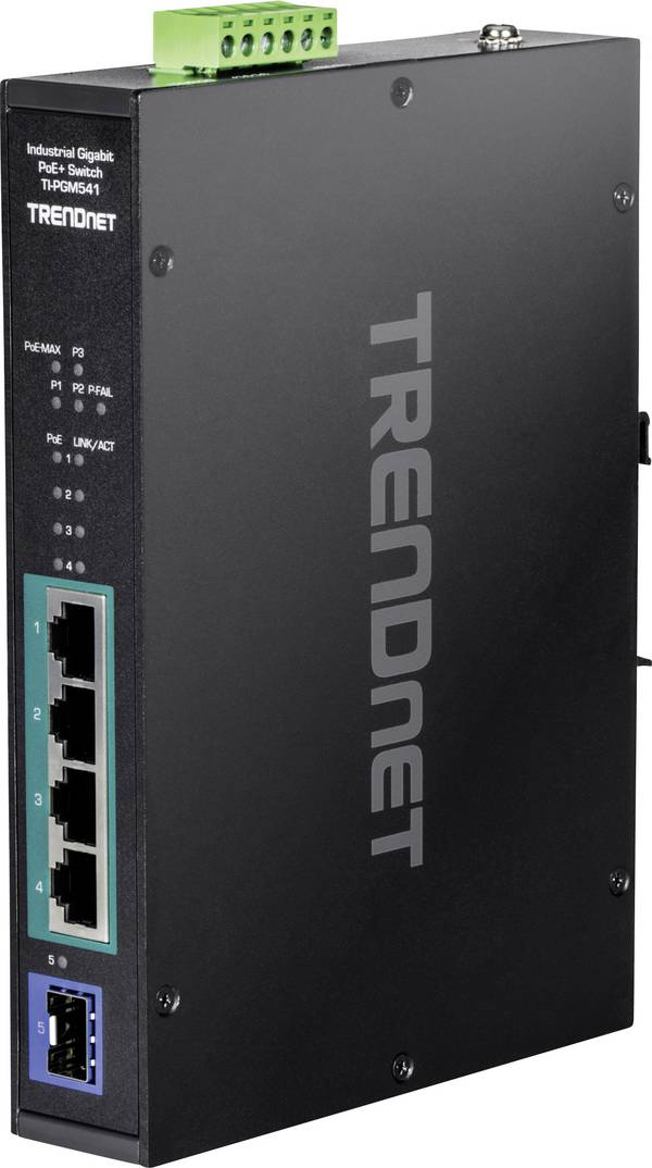TRENDNET TI-PGM541 Switch Rail DIN industriel PoE+ Gigabit à 5 ports -20° – 65°C, noir