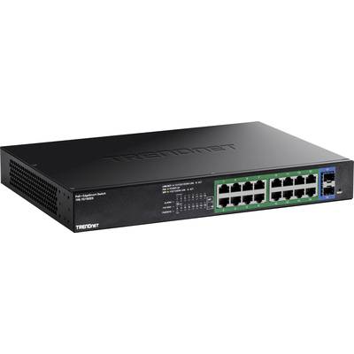 Un commutateur Ethernet noir avec 16 ports Ethernet, dont 14 marqués en vert et 2 en bleu, identifié comme un commutateur configurable PoE.