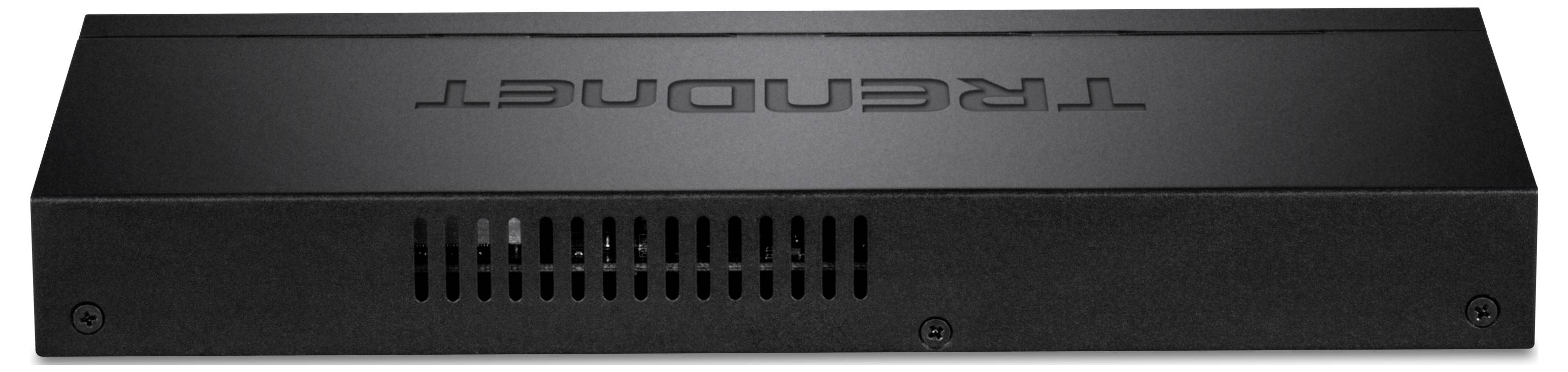 Appareil réseau noir rectangulaire portant l'inscription 'TRENDnet' sur le dessus. Fentes de ventilation à l'avant.