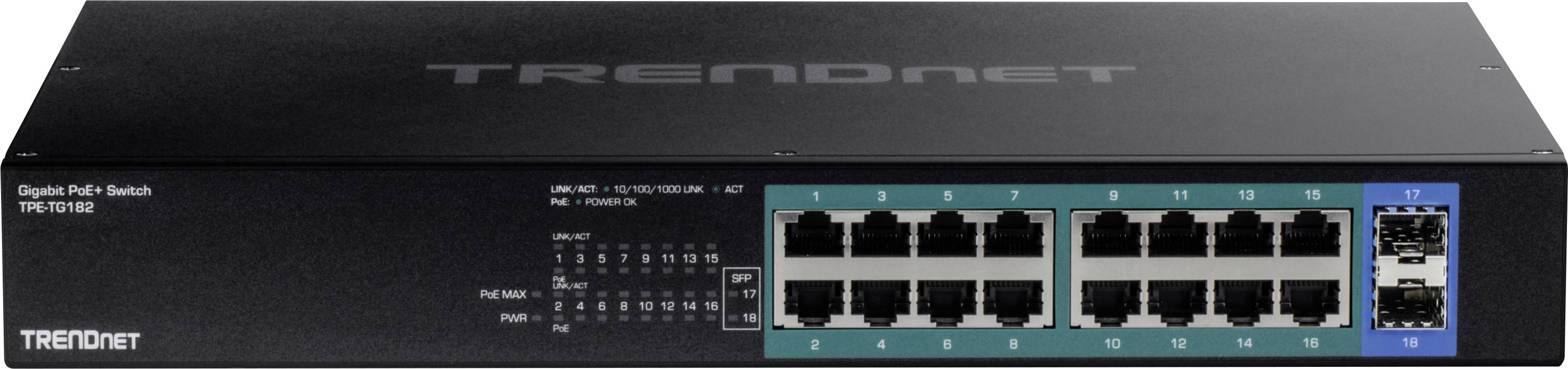 Switch réseau noir avec 16 ports Ethernet et deux ports supplémentaires sur le côté droit, marque 'TRENDnet'.
