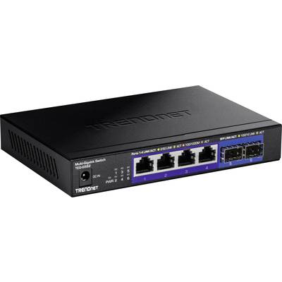 Un commutateur noir multi-gigabit avec quatre ports Ethernet et deux ports supplémentaires sur le côté droit.