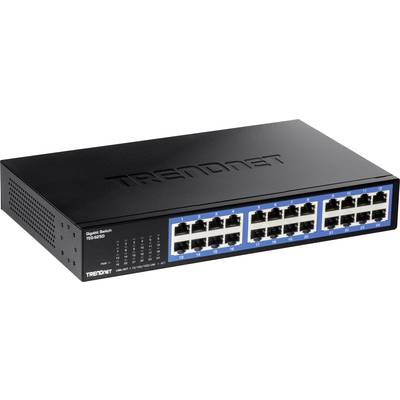 Un commutateur réseau noir de TRENDnet avec 24 ports Ethernet sur la façade.