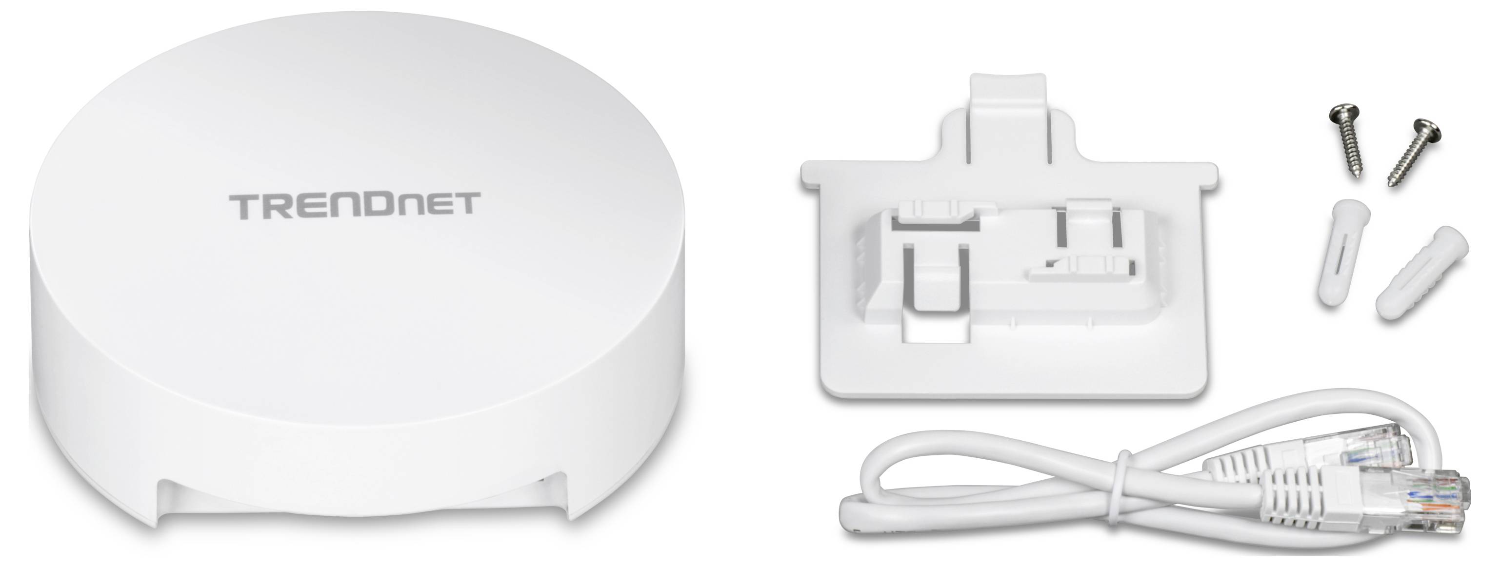 Point d'accès réseau blanc rond de TRENDnet, comprenant un support mural, des vis de fixation et un câble Ethernet.