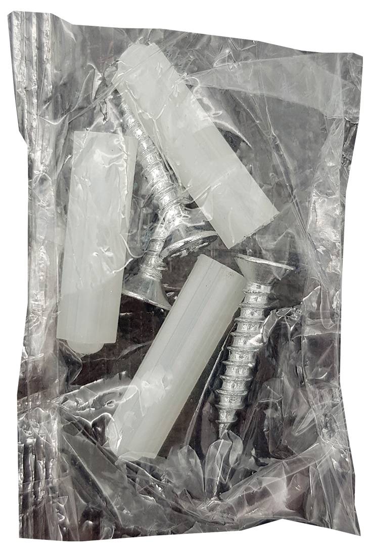 Un sachet en plastique transparent contenant plusieurs vis et chevilles assorties. Idéal pour fixer des objets aux murs.