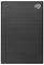 Disque dur externe à surface mate noir et petit logo Seagate en haut à droite.