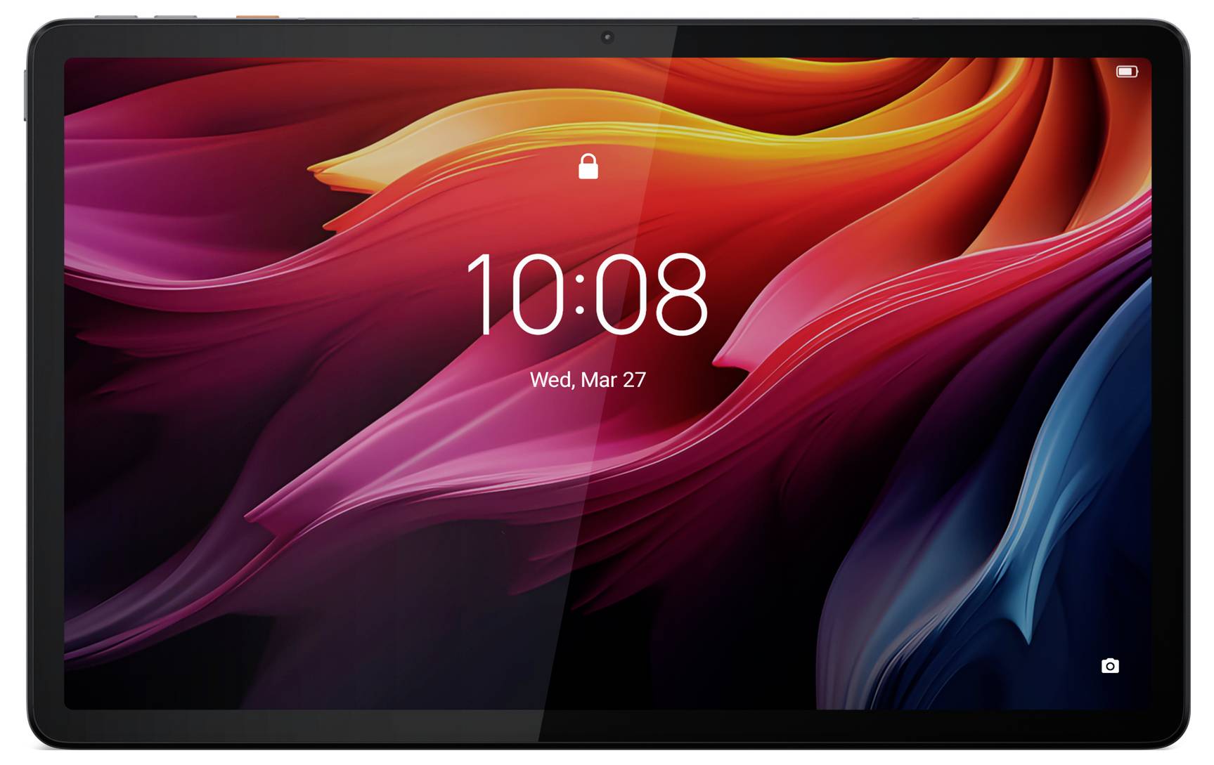 Une tablette avec un écran aux couleurs vibrantes affichant l'heure '10:08' et la date 'Mer, 27 mars'.