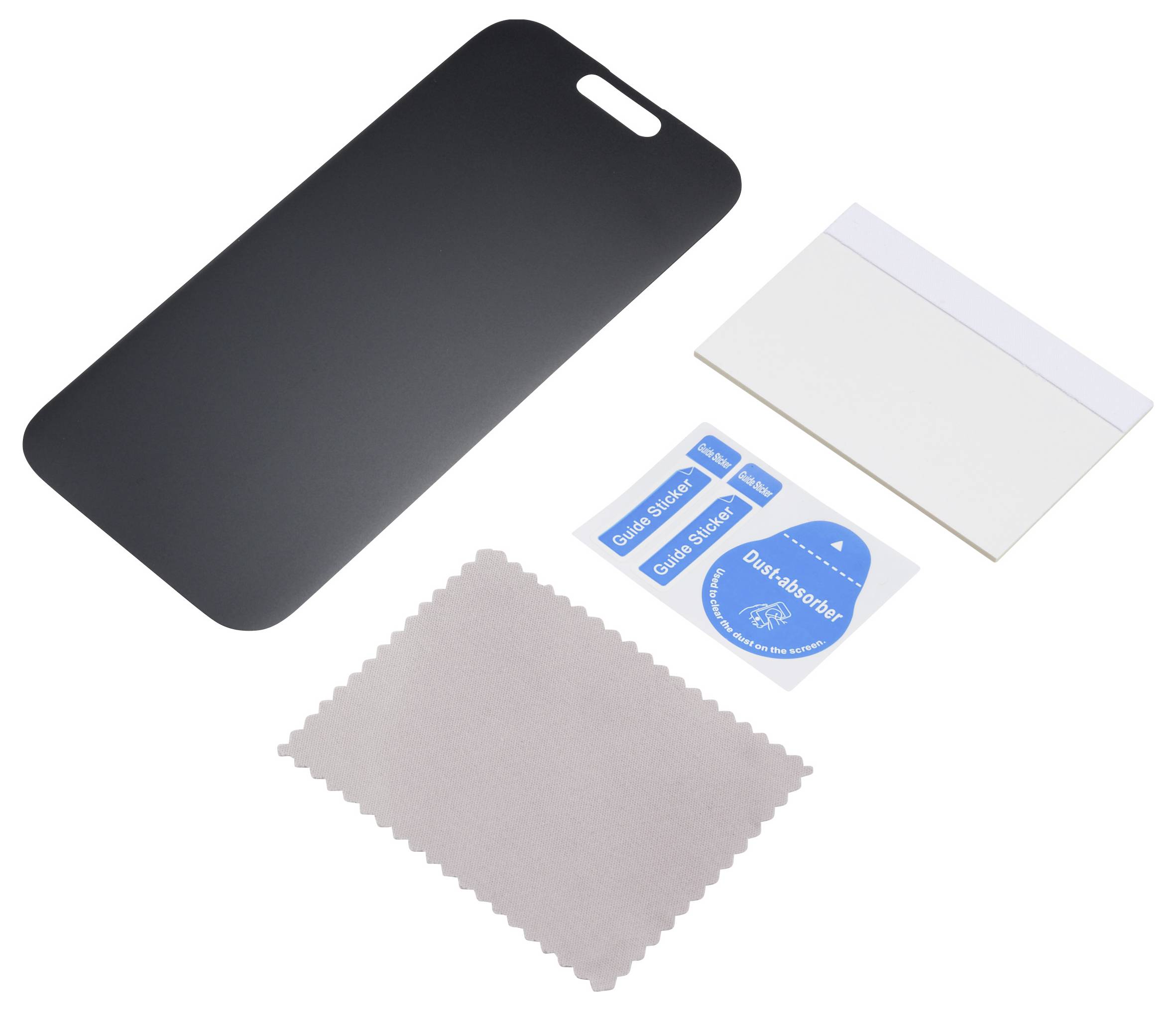 Ensemble de protection d'écran comprenant un filtre de confidentialité noir, un chiffon de nettoyage, un autocollant anti-poussière et un outil d'installation sur un fond blanc.