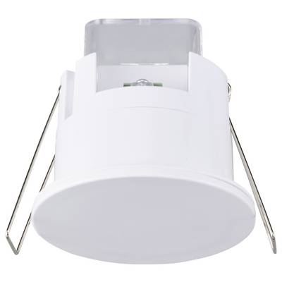 Plafonnier blanc au design cylindrique avec des supports métalliques. Les LED sont visibles.