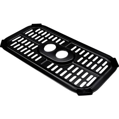Grille métallique noire avec une forme rectangulaire, des coins arrondis et deux découpes ovales au centre.